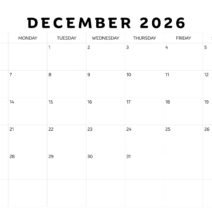 Black White december 2026 Calendar Black White december 2026 Calendar