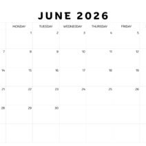 Black White june 2026 Calendar