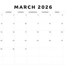 Black White march 2026 Calendar Black White march 2026 Calendar