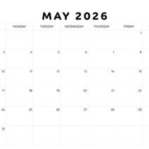 Black White may 2026 Calendar Black White may 2026 Calendar