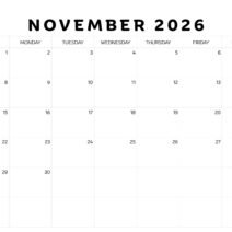 Black White november 2026 Calendar Black White november 2026 Calendar