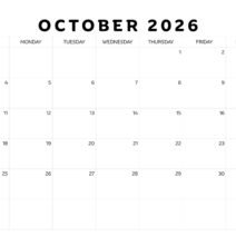 Black White october 2026 Calendar