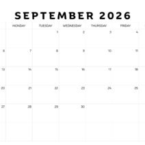 Black White september 2026 Calendar